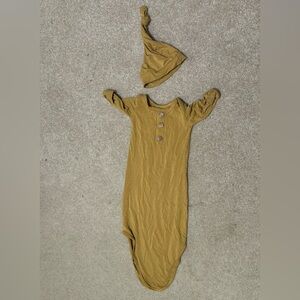 Caden Lane mustard brown newborn gown with matching hat